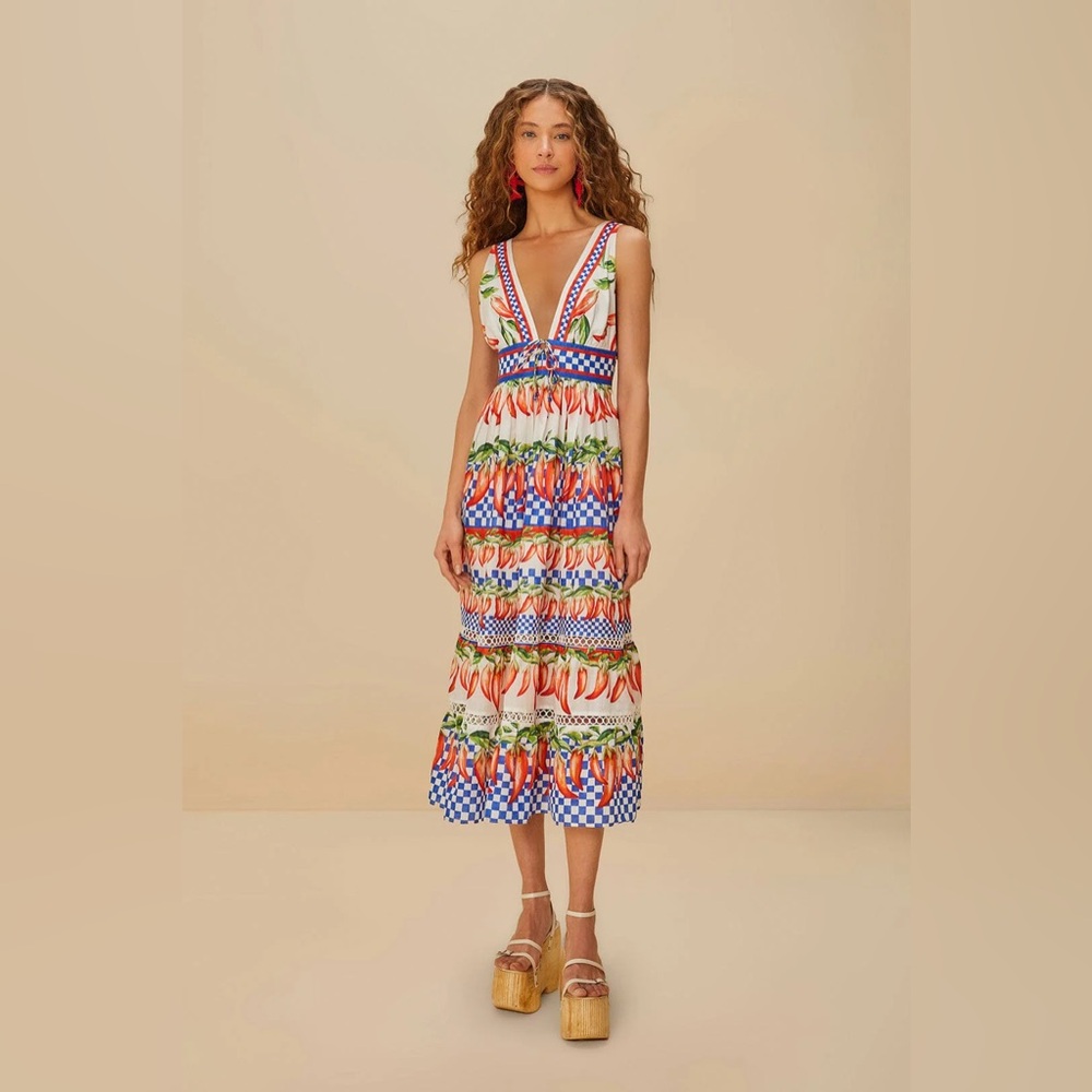 FARM Rio White Multicolor Chili Print Midi Dress